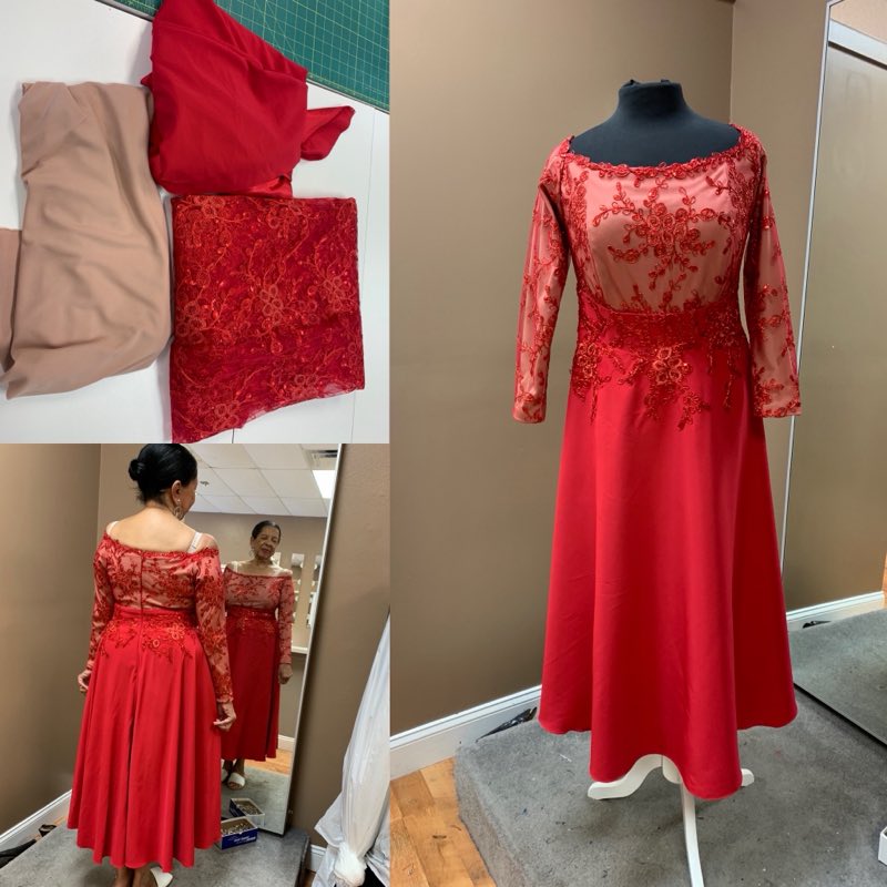 Red lace formal dress altered, shown as fabric, on the form, and worn