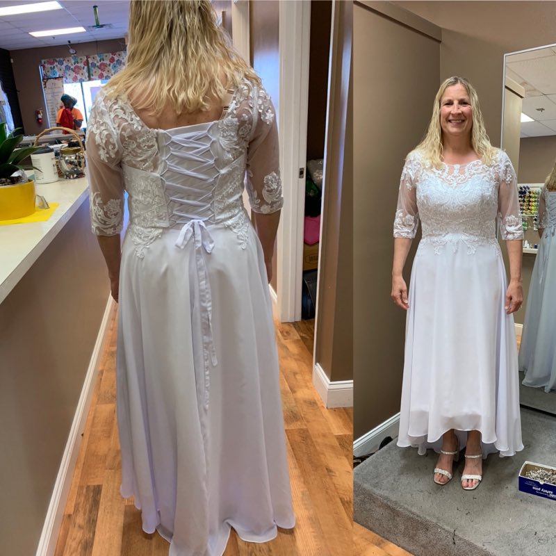 White dress alteration, fitted result shown front and back