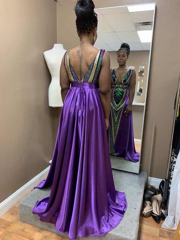Altered purple prom gown fitting